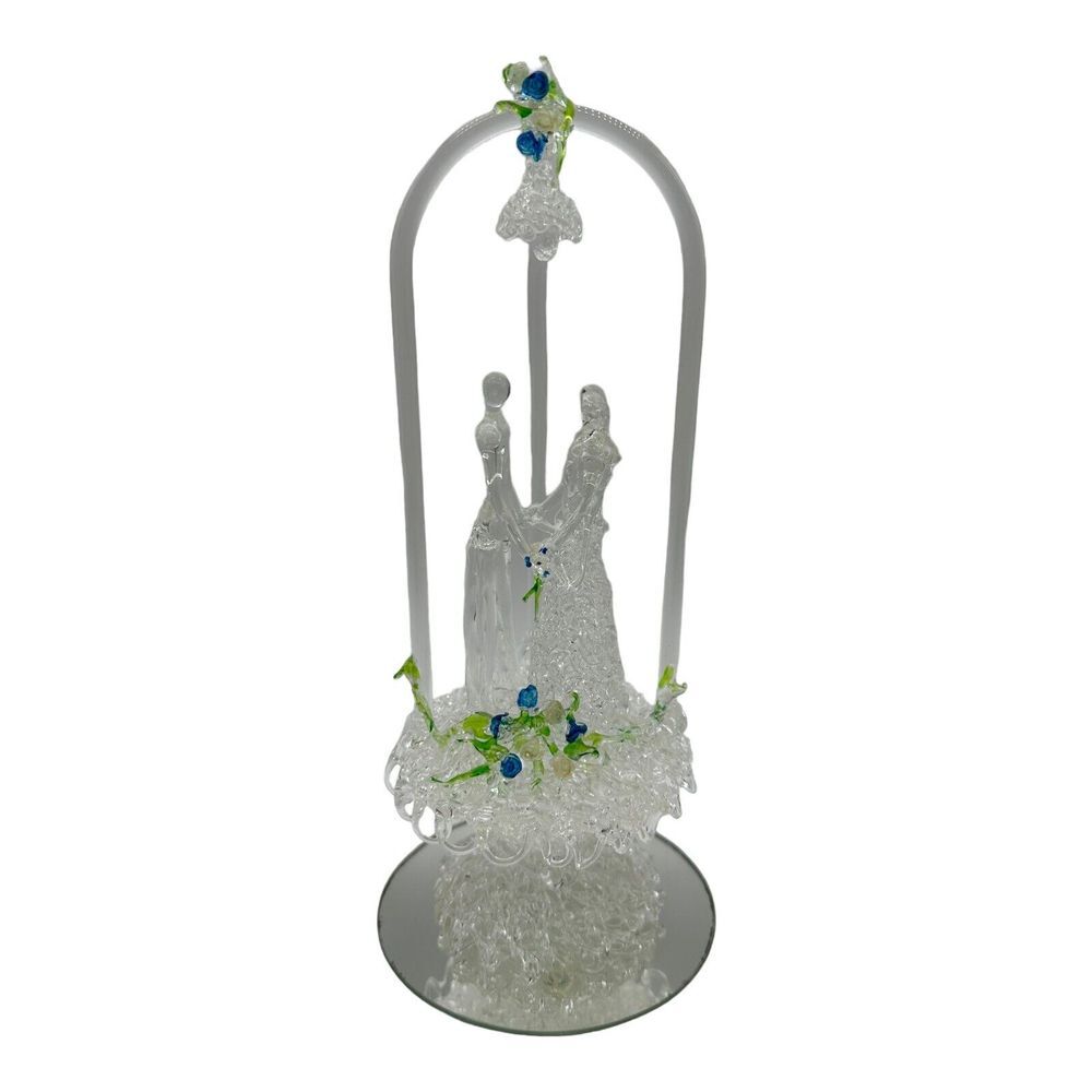 VTG Clear Blown Glass‎ Wedding Cake Topper Bride Groom 10" Tall